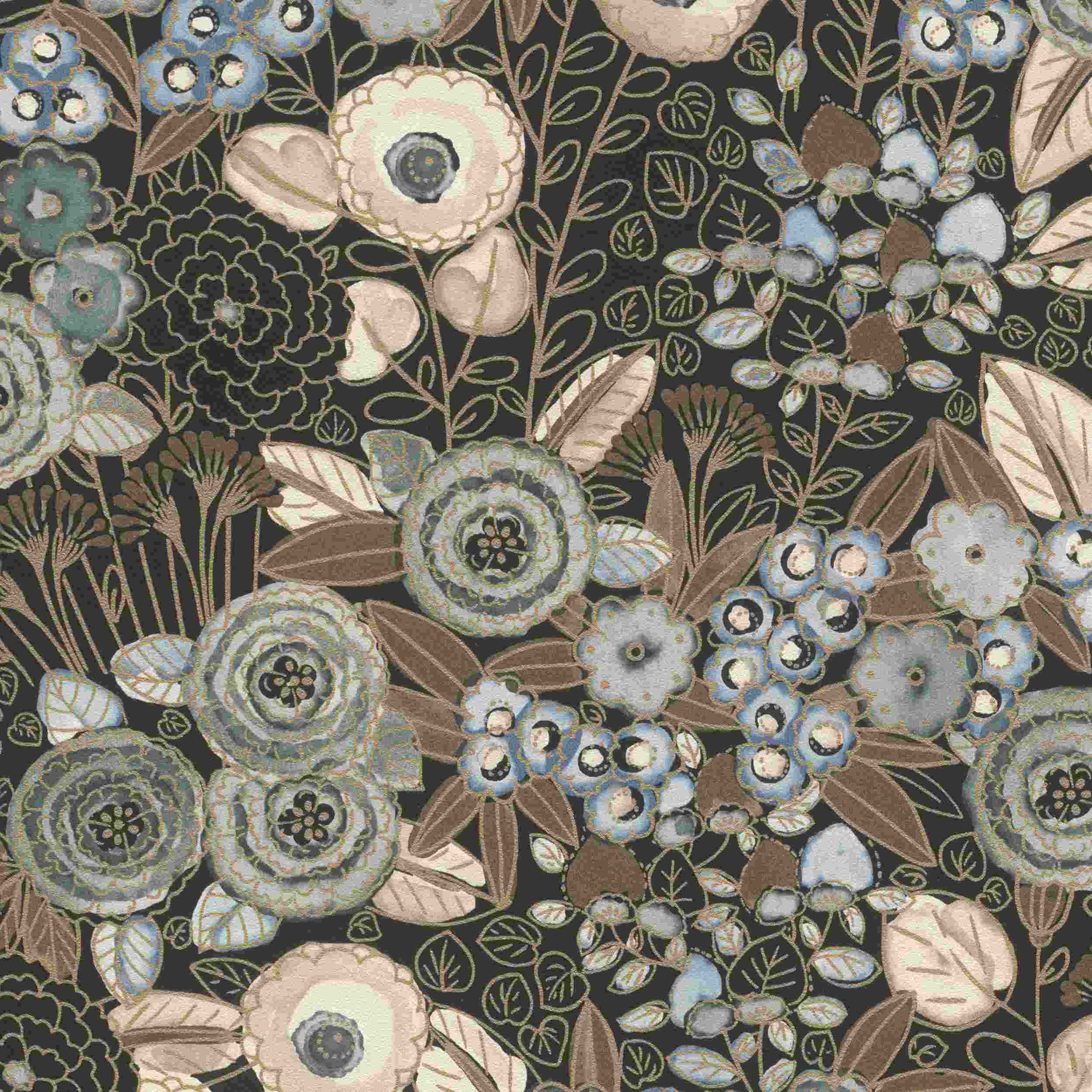 Rasch Vliestapete Symphony 868913 | 0.53 x 10.05 m | Blumen Floral Schwarz Beige Blau