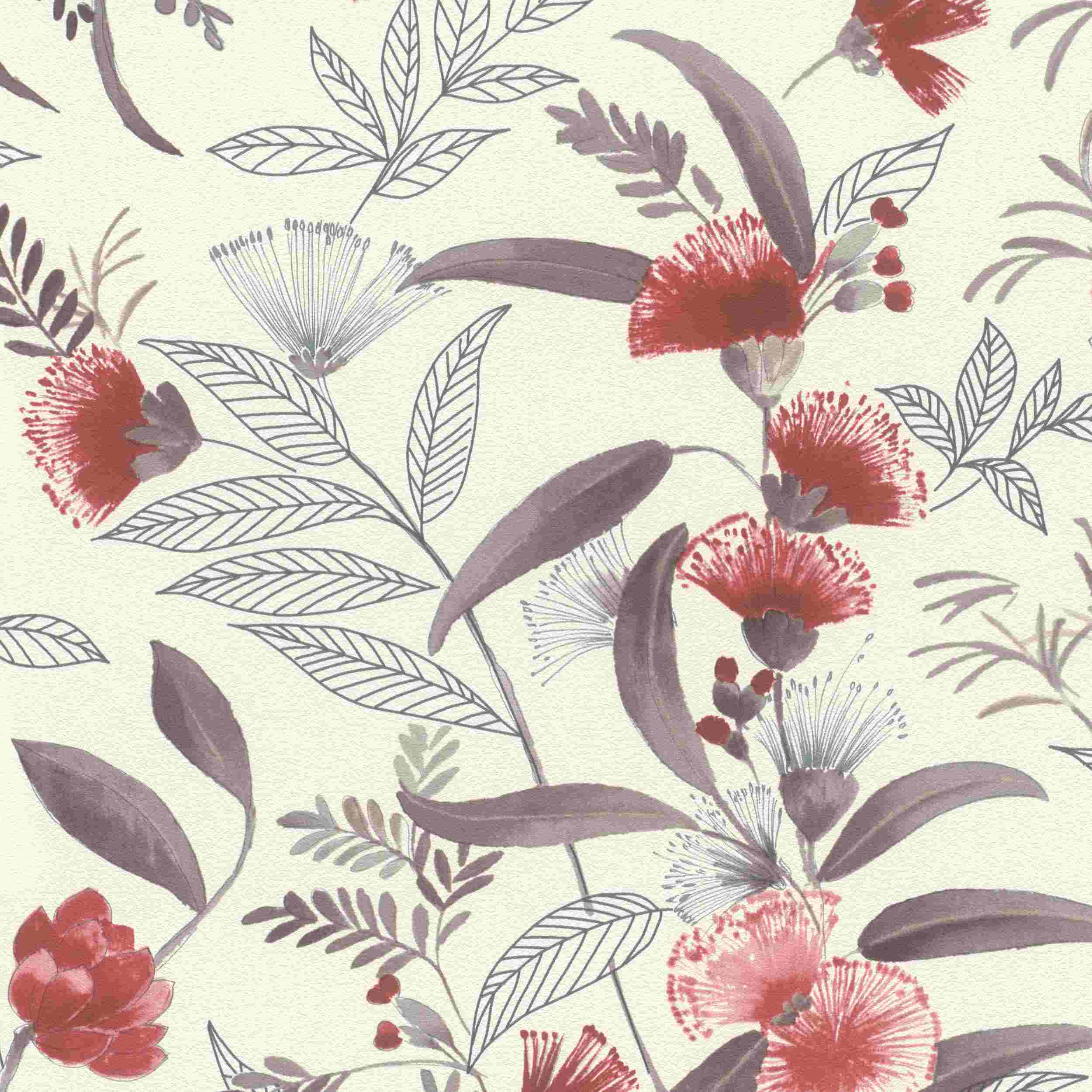 Rasch Vliestapete Symphony 869118 | 0.53 x 10.05 m | Botanical Dschungel Weiß Rot